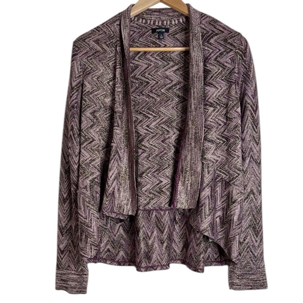 Apt.9 Purple Gold ZigZag high low Open Waterfall Cardigan metallized 70s sz XL